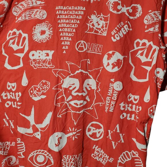 Obey Worldwide Button Up Shirt Men's L Red Viscose AOP Abracadabra Monster - Picture 6 of 8